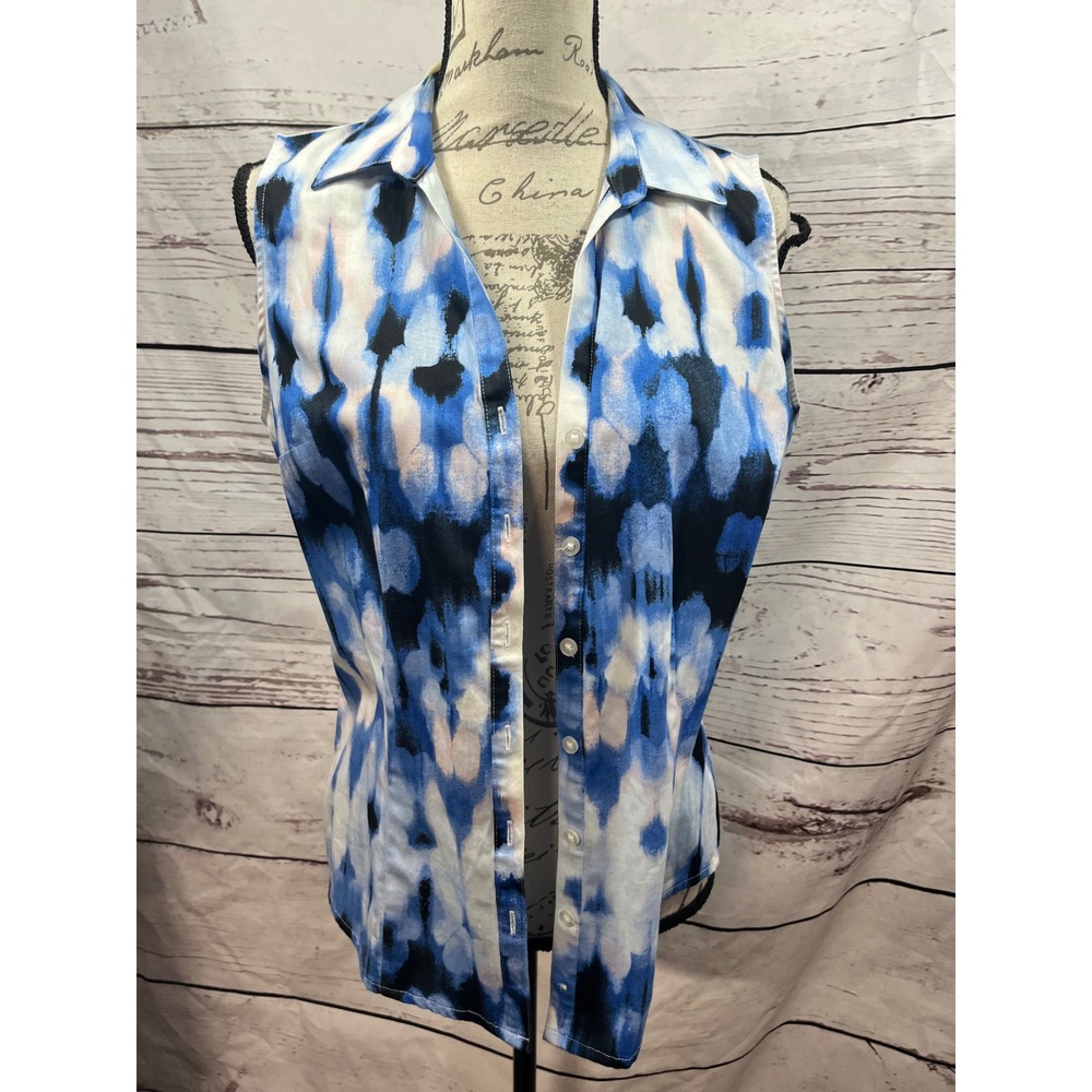 Dana Buchman Womens Blue Abstract Ikat Sleeveless Button Down Shirt Size M